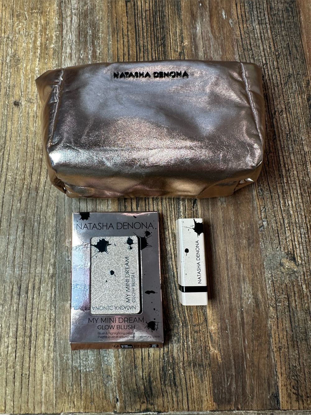 Natasha Denona Metallic Rose Gold Makeup Pouch with Blush & Lipstick